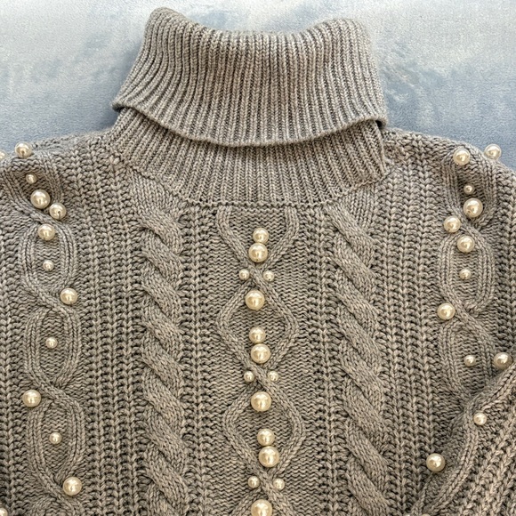 Marciano Gray Turtleneck Faux Pearl Embellished Sweater - Picture 12 of 12